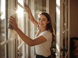 Donna che pulisce i vetri di casa sorridendo