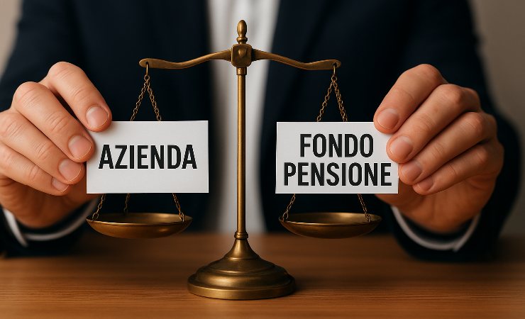 Bilancia che confronta due scritte (“Azienda” e “Fondo pensione”)