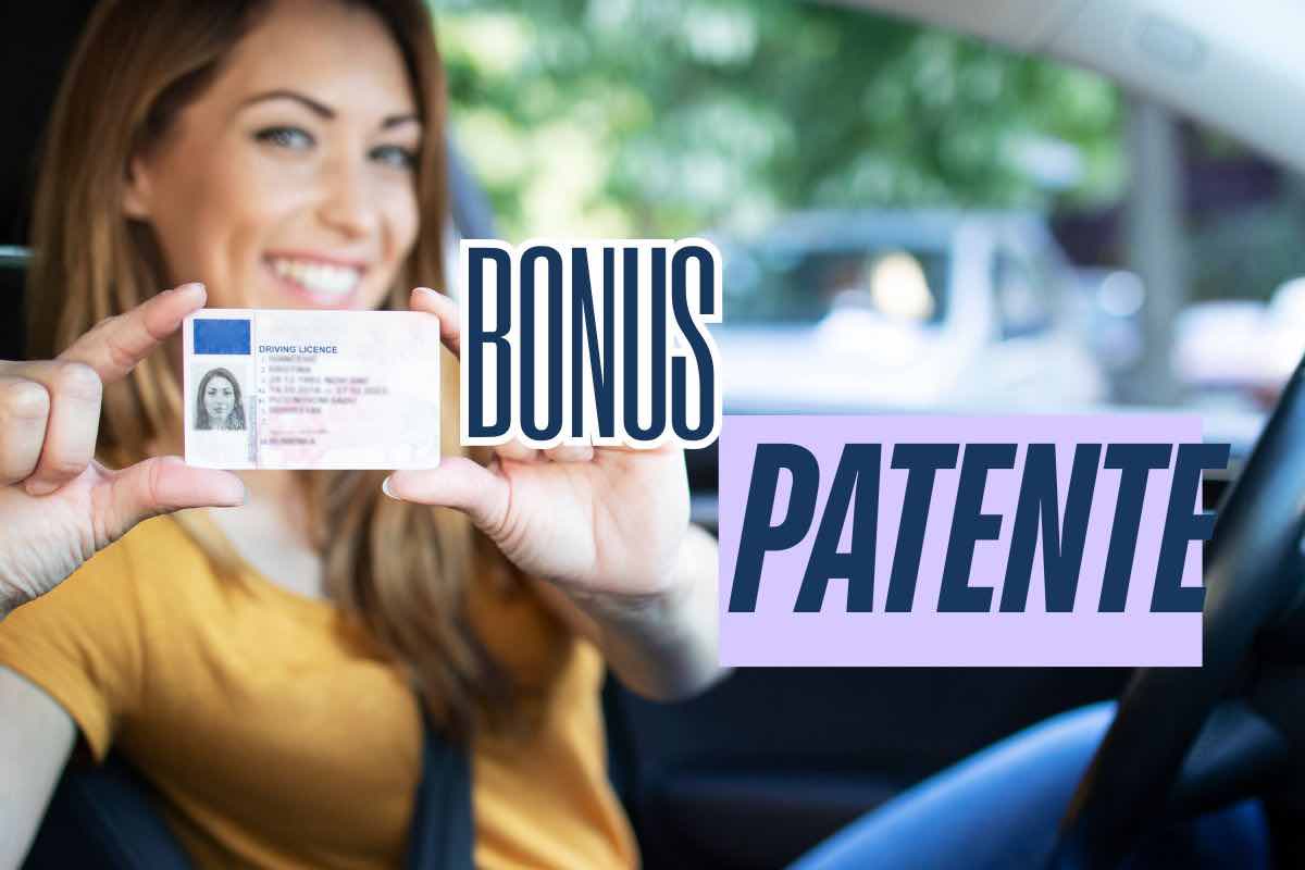 donna con patente di guida in mano e scritta "Bonus patente"