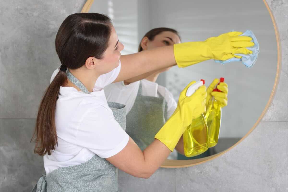 Donna pulisce specchio con prodotto spray